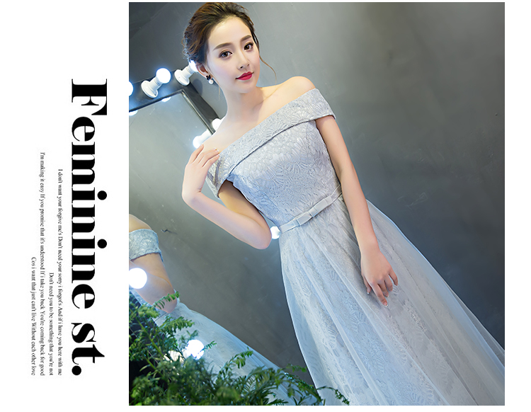 พร้อมเช่า ชุดราตรียาว สำหรับสาวไซส์ใหญ่ แบบปาดไหล่ สีเทา ลูกไม้หรูใส่ออกงานกลางคืน งานพรอม กระโปรงตาข่าย 2XL- 6XL (เชือกผูกหลัง)