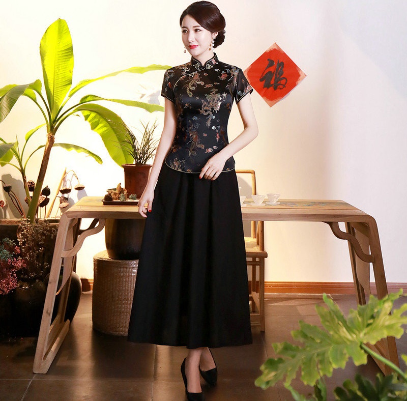 Pre-order เสื้อกี่เพ้า สีดำ ลายมังกรนกฟินิกซ์ ผ้าไหมจีน กุ๊นขอบ ตัดเย็บอย่างดี