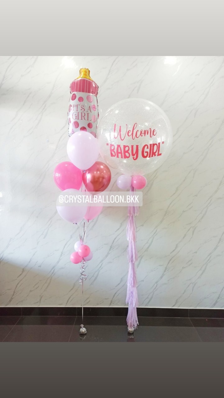 ลูกโป่ง Welcome Baby Bubble ขนาด 36" กลิตเตอร์สีขาวมุก พร้อม ช่อลูกโป่งฟอยล์ขวดนม ช่อ 7 ลูก 1 ช่อ พร้อมตกแต่ง สามารถเปลี่ยนสีลูกโป่ง/เปลี่ยนข้อความ/เปลี่ยนขนาด/เปลี่ยนฟอยล์ตกแต่งได้