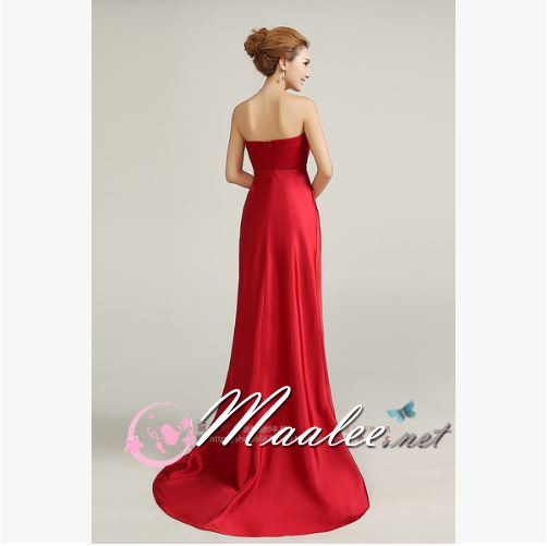 พร้อมส่ง ชุดราตรียาว เกาะอก ทรงหางปลาสีไวน์แดง อกจับจีบรอบตัวผ้าชีฟอง มีโบว์ช่วงเอว ทิ้งชายด้านหน้า กระโปรงเป็นผ้ามัน สวยหรู (ซิปหลัง)