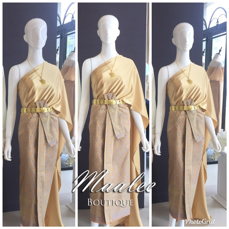 เช่า ชุดไทย ชุดเพื่อนเจ้าสาว ชุดไทยผ้าถุงทอง สไบเรียบ สีน้ำตาล ทอง