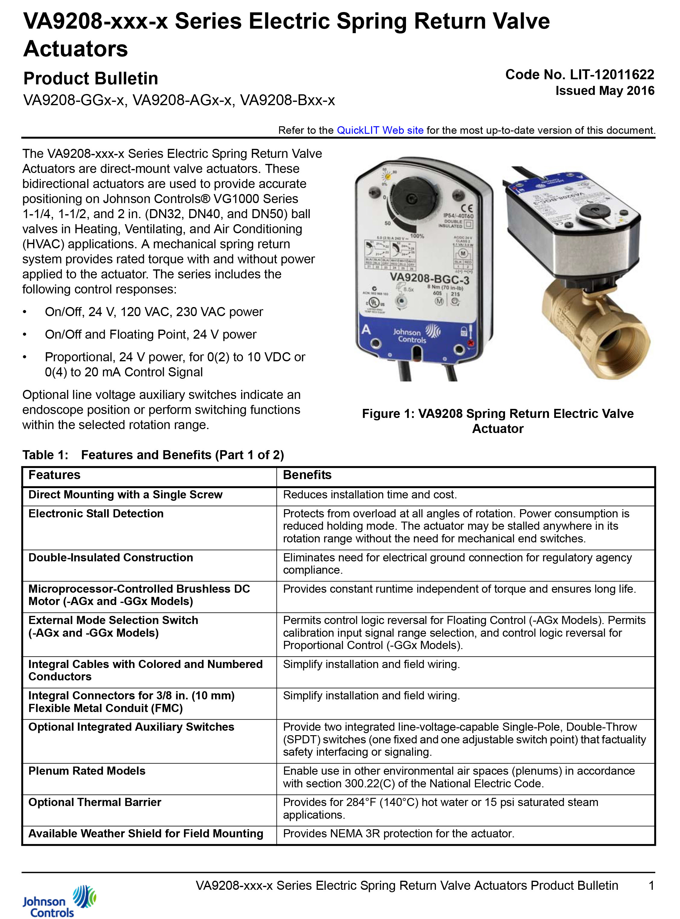 JOHNSON CONTROLS Model VA9208-AGA-1 , Spring Return Valve Actuators On-Off ,24 VAC