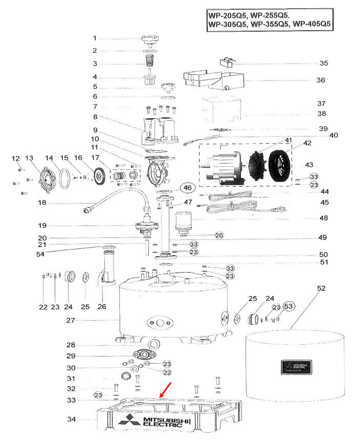ฐานรองปั๊มน้ำ ปั๊มน้ำ มิตซู WP-205, WP-255, WP-305, WP-355, WP-405 Pn.H06901N23 (แท้) ##