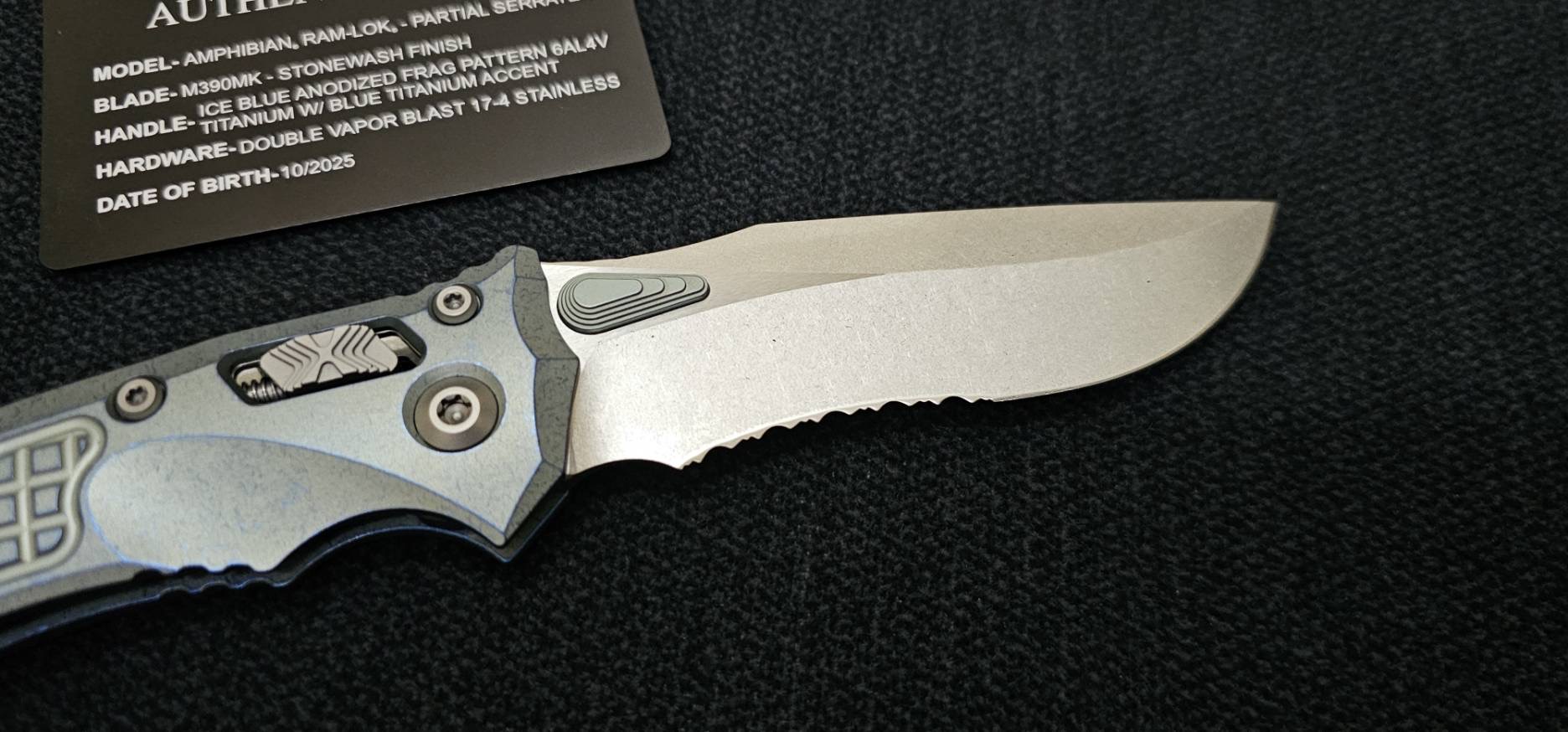 Microtech Marfione Select Amphibian RAM LOK Ice Blue Frag Titanium Handles & Serrated Stonewash M390MK & Blue Accents