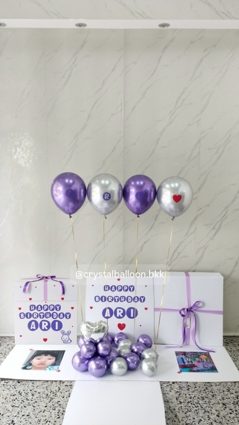 Happy birthday Surprised Box กล่องเซอร์ไพรส์วันเกิด พร้อม ลูกโป่ง 4 ลูก พร้อมตกเเต่ง สามารถใส่รูปได้ 2 ใบ สามารถเปลี่ยนสีลูกโป่ง/เปลี่ยนสีข้อความได้