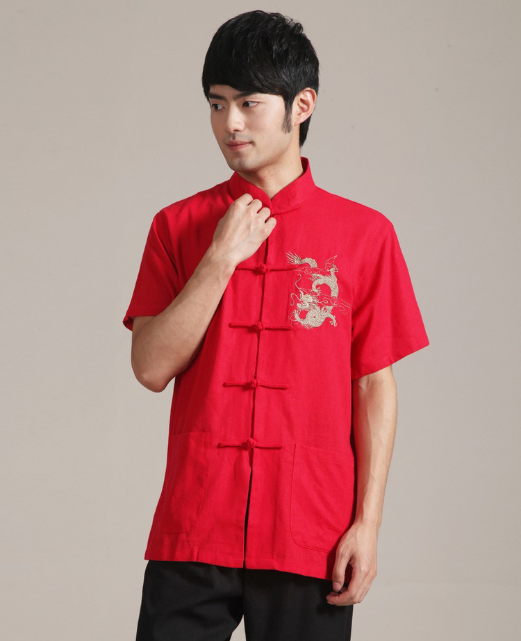 Pre-order ชุดจีน เสื้อจีนชาย แขนสั้น ผ้าฝ้าย สีแดง ปักลายมังกร