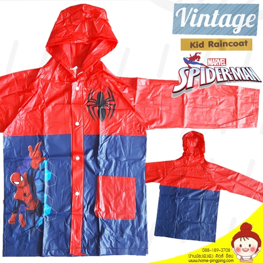 เสื้อกันฝน VINTAGE ลายลิขสิทธิ์ ลาย Spiderman แดง ครึ่งตัวสีน้ำเงิน แขนแดง (มีเชือกคอ ไม่มีช่องสะพายกระเป๋า) เนื้อหนา นิ่ม ใส่สบาย ยี่ห้อ Vintage