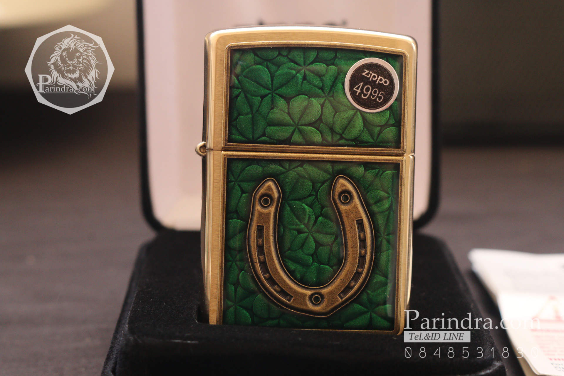 ไฟแช็ค Zippo แท้ "Zippo 29243, Horseshoe & Clovers Emblem, Brushed Brass Finish " แท้นำเข้า 100%
