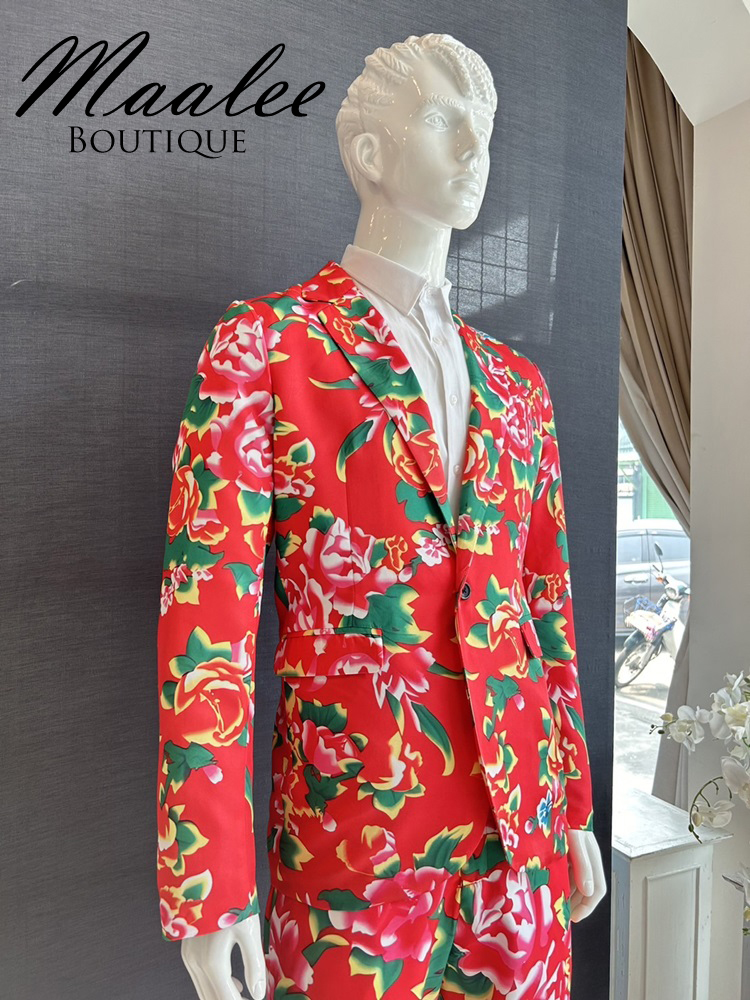 พร้อมเช่า ชุดสูทชาย สูทจีน ลายดอก สีแดง