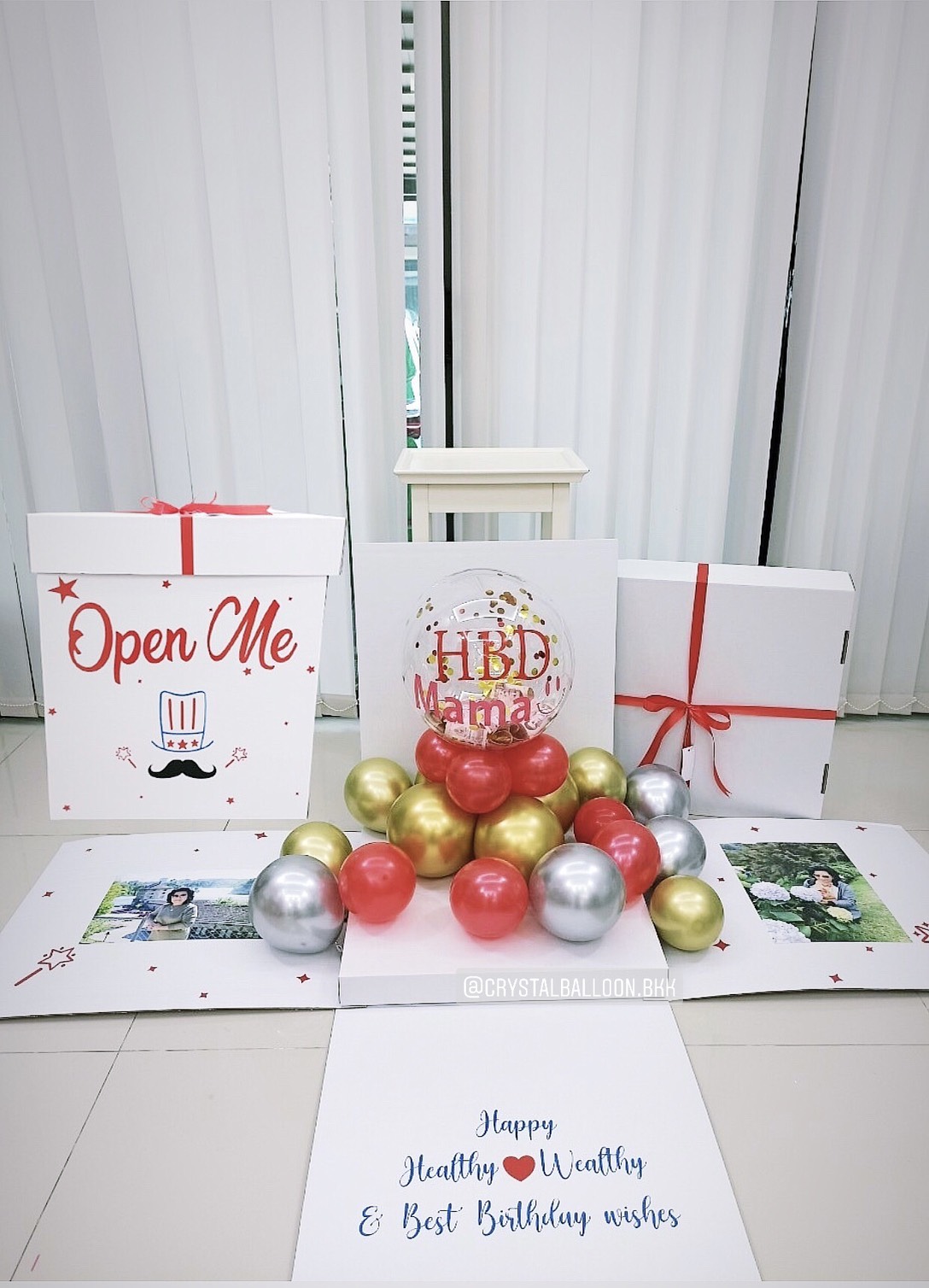 Surprise Box กล่องเซอร์ไพรส์วันเกิด Bubble ตั้งฐาน สีแดง สามารถใส่เงินได้ พร้อมตกแต่ง สามารถใส่รูปได้ 2 ใบ สามารถเปลี่ยนสีลูกโป่ง/เปลี่ยนข้อความได้