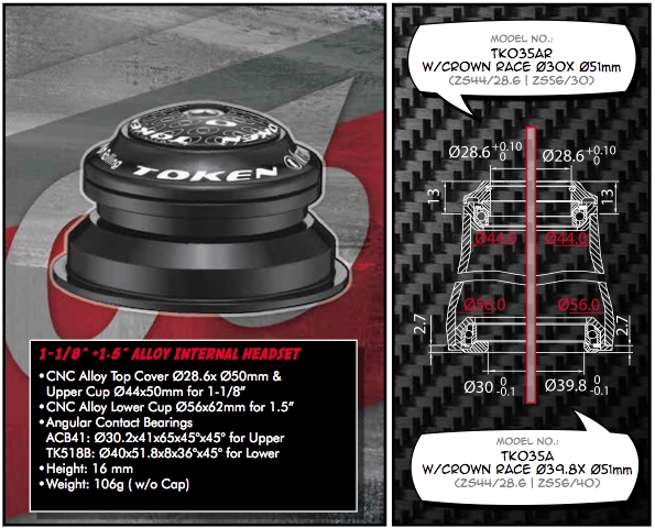 ถ้วยคอเทเปอร์ TOKEN TK035AR-56 บ่าเล็ก ถ้วยคอฝัง บ่าเล็ก บน1 1/8' แปลงล่าง 1 1/2' เป็น 1 1/8 ลูกปืนอย่างดี 44/56