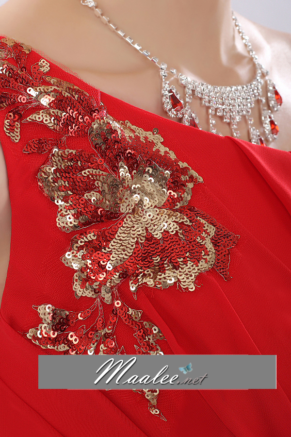 พร้อมส่ง ชุดราตรียาว ไหล่เดียว สีน้ำเงิน แต่งลูกไม้ปักเลื่อมละเอียด ช่วงอกจับเดรปสวย