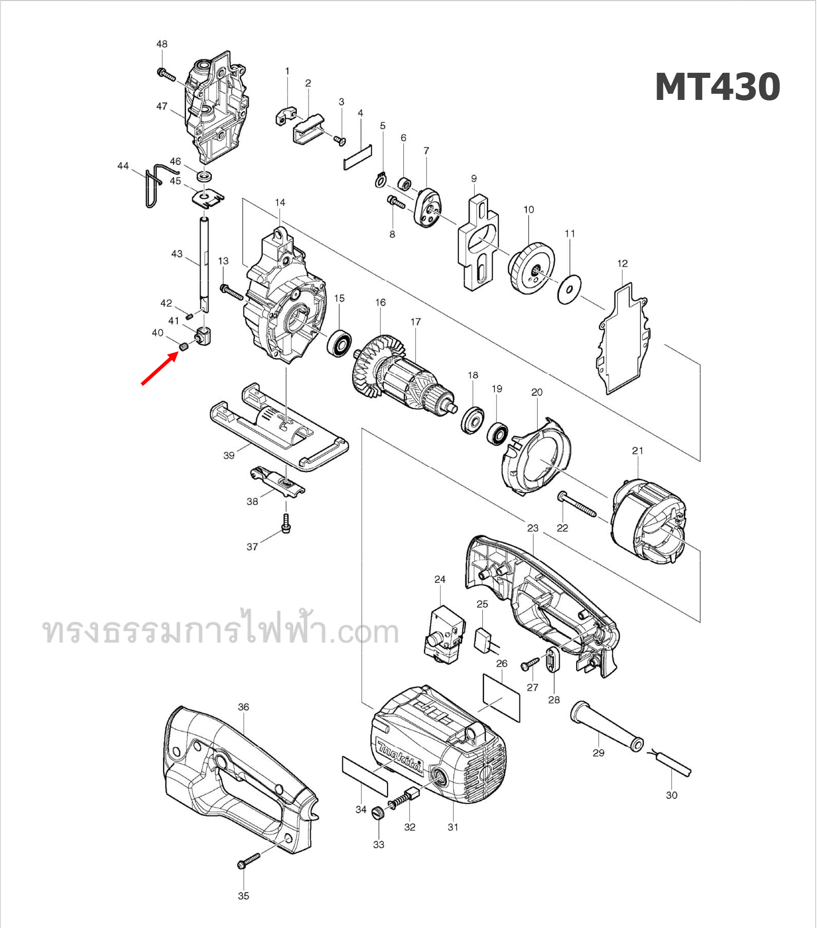 น๊อตล็อคใบ จิ๊กซอว์ Maktec, Makita MT430, M4302, M4302B [#40] Pn.266338-5 (แท้) ## (*)