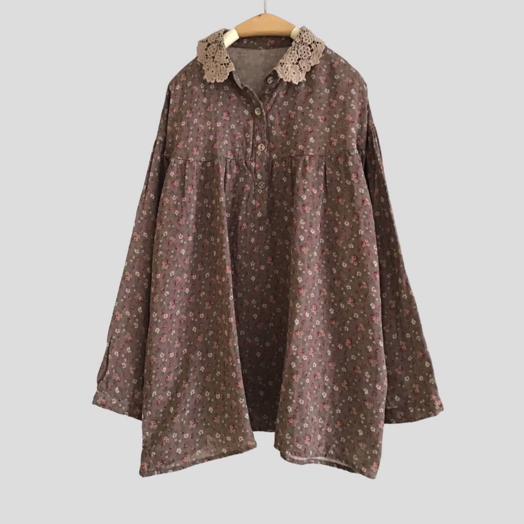 เสื้อผ้าฝ้ายนิ่มลายดอกไม้แต่งปกผ้าลูกไม้