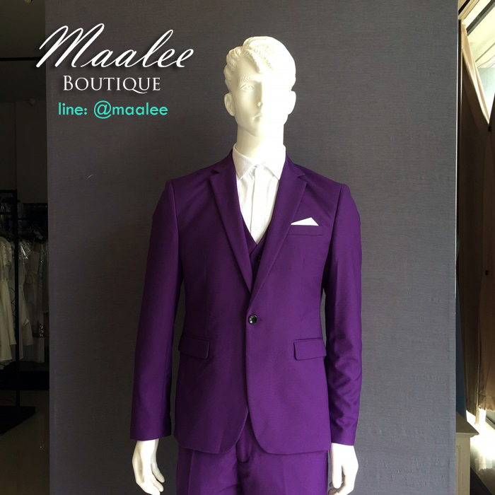 พร้อมเช่า ชุดสูทชาย สีม่วง สไตล์เกาหลี (พร้อมเสื้อกั๊ก)