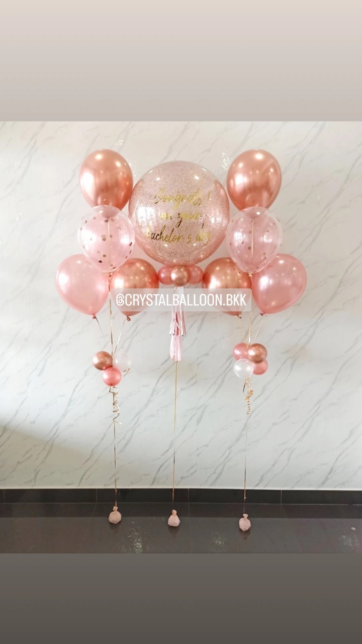 ลูกโป่ง Bride To Be Bubble ขนาด 24" กลิตเตอร์สีโรสโกล 1 ลูก พร้อม ช่อลูกโป่ง ช่อ 5 ลูก 2 ช่อ พร้อมตกแต่ง สามารถเปลี่ยนสีลูกโป่ง/เปลี่ยนข้อความ/เปลี่ยนขนาดได้
