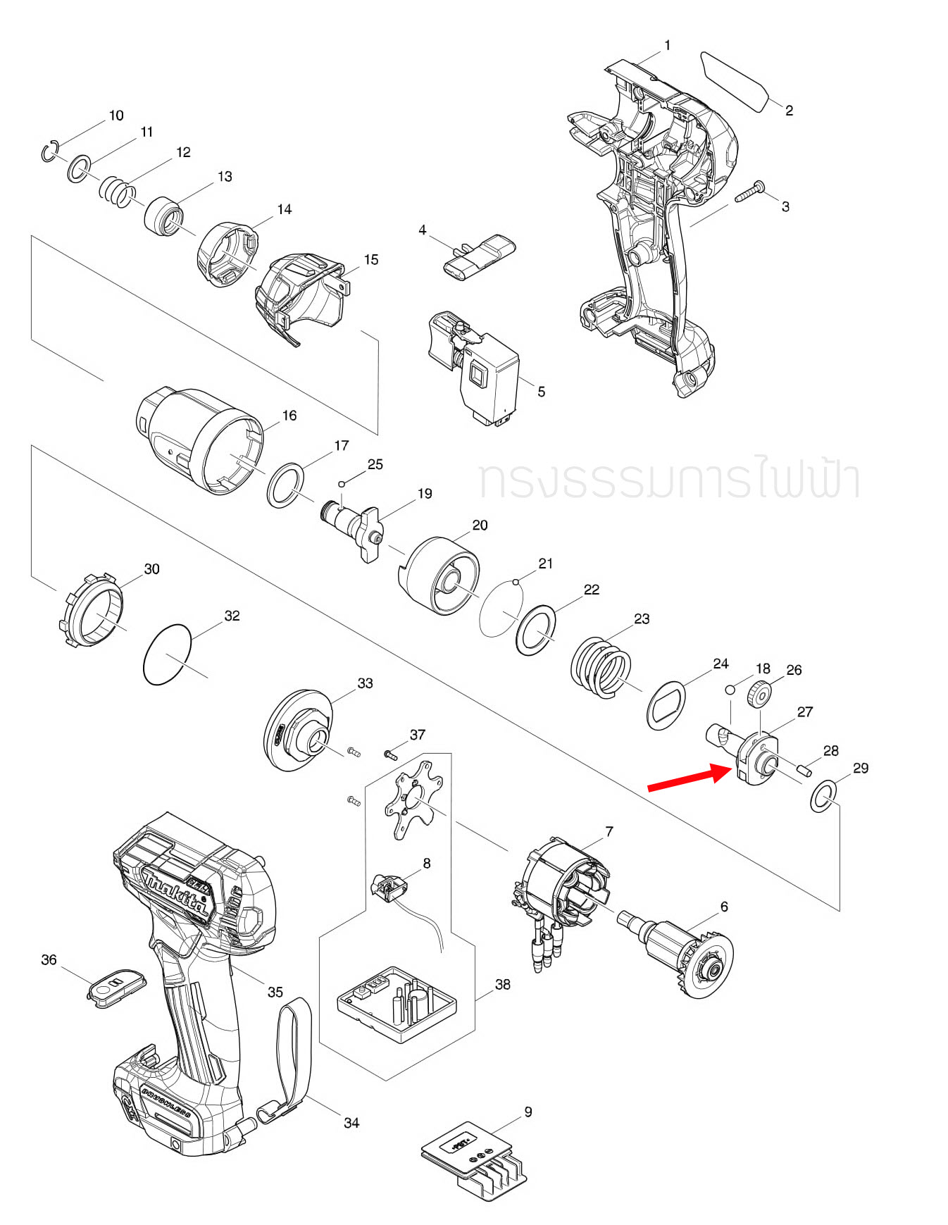 แกนเฟือง สว่านไร้สาย มากีต้า-Makita TD111D [#27] Pn.324897-6 (แท้) ##