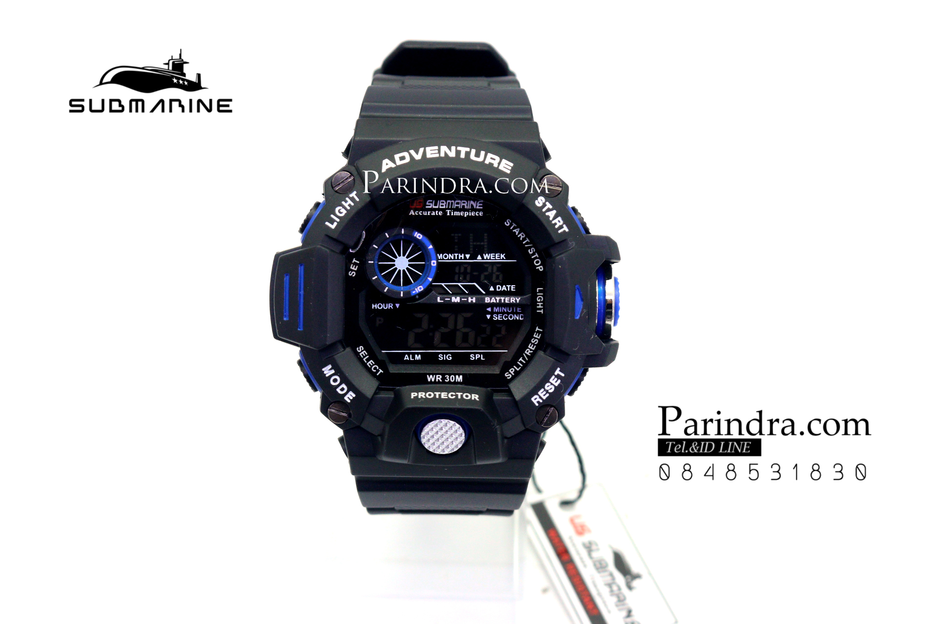 นาฬิกา US submarine รุ่น TP1328M สีดำตัดน้ำเงิน พื้นหลังดำ