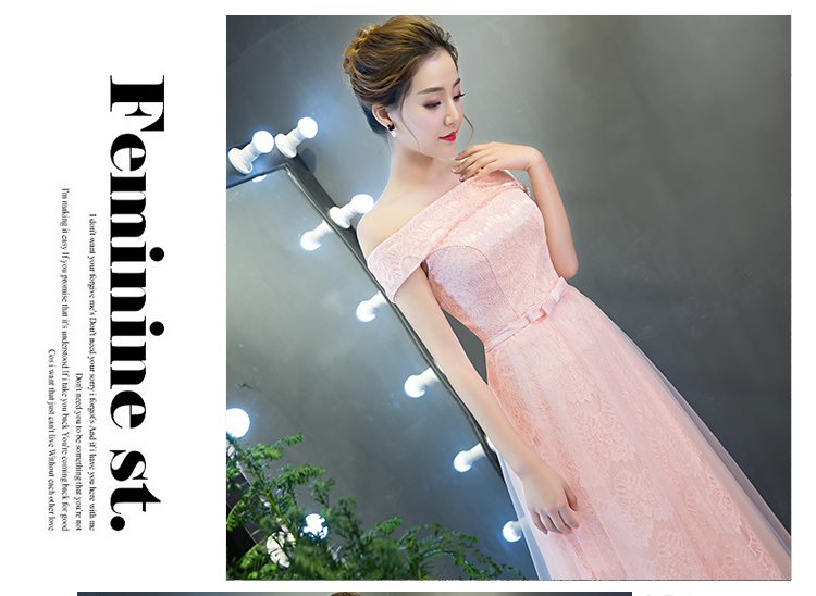 พร้อมเช่า ชุดราตรียาว สำหรับสาวไซส์ใหญ่ แบบปาดไหล่ สีชมพู ลูกไม้หรูใส่ออกงานกลางคืน งานพรอม กระโปรงตาข่าย 2XL- 6XL (เชือกผูกหลัง)