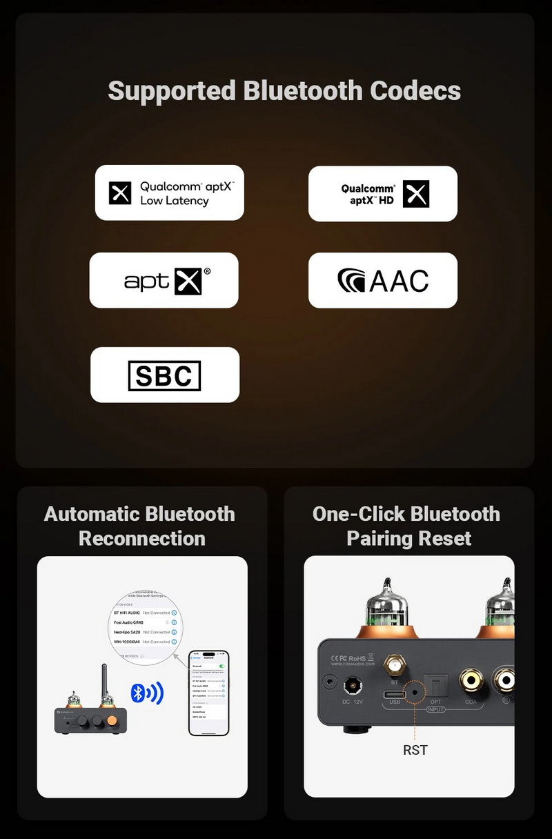 Fosi Audio GR40 Bluetooth DAC/AMP หลอดแก้วตั้งโต๊ะ ปรับเบส แหลมได้ ประกันศูนย์ไทย