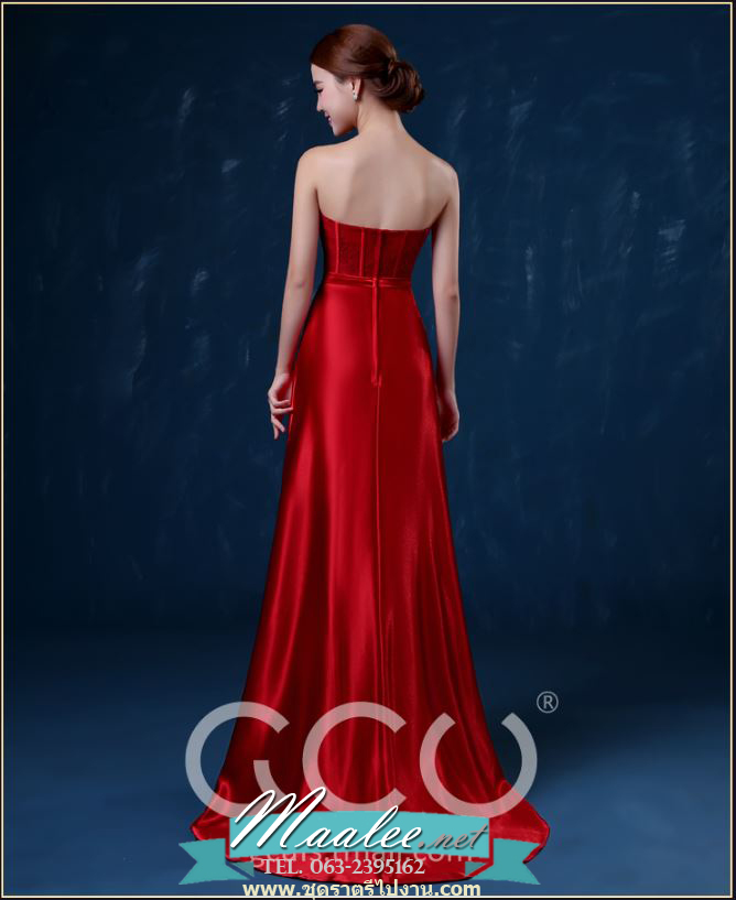 พร้อมส่ง ชุดราตรียาว แบบเกาะอก/ชายยาว สีแดง มีฟองน้ำในตัว เสริมโครงข้างลำตัว หรูมาก ช่วงอกแต่งลูกไม้&คริสตัล (ซิปหลัง)