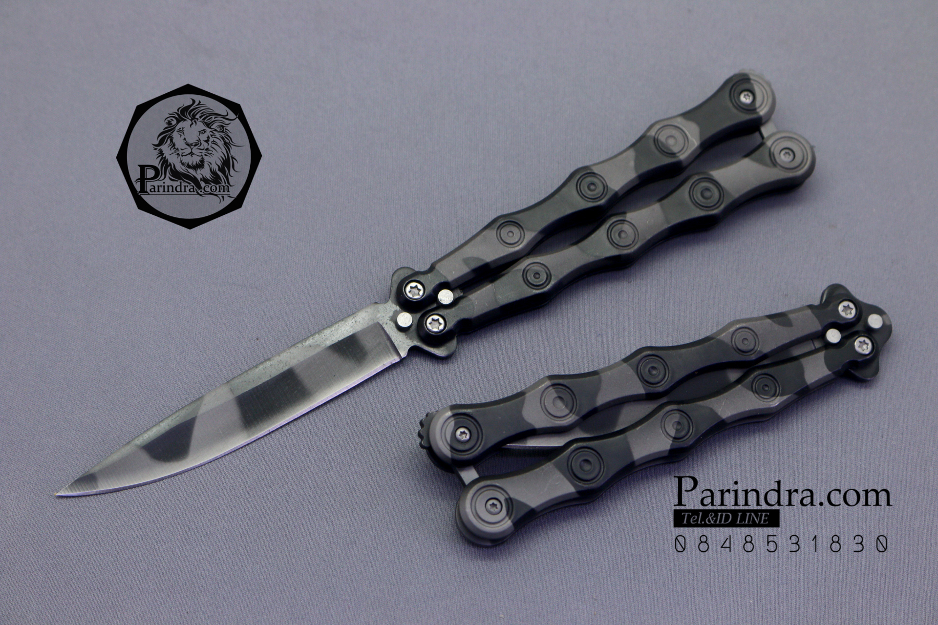 มีดบาลีซอง Balisong มีดปีกผีเสื้อ ดำลายพรางดำเทา ทรงรูปโซ่ ขนาด 8 1/4 นิ้ว BLA019
