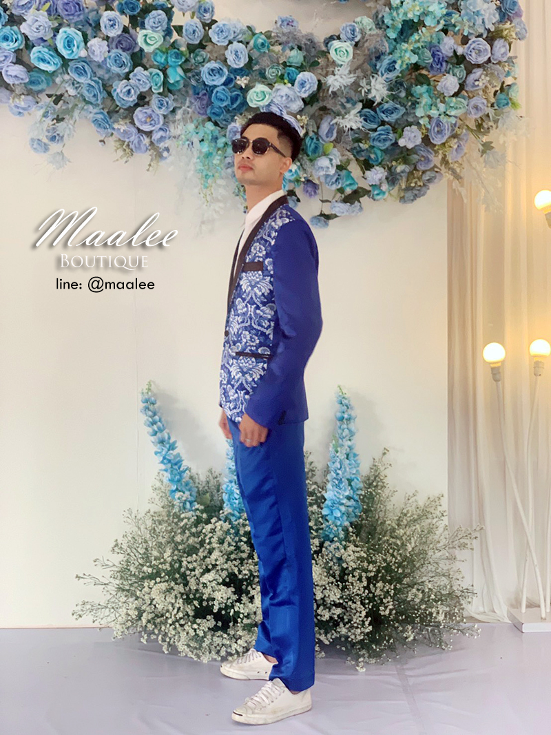 พร้อมเช่า ชุดสูทจีนชาย สีน้ำเงิน แต่งปกดำ ซาติน