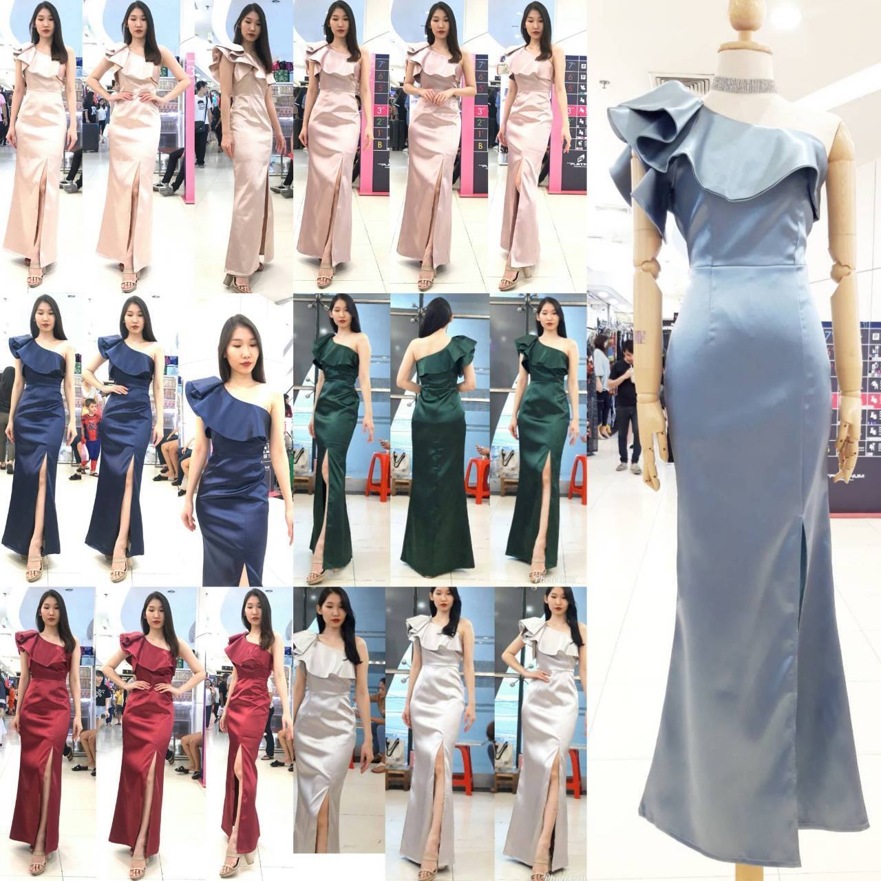 พร้อมเช่า ชุดเดรส เดรสไหล่เดียว ผ้าดัชเชส แพทเทิร์นเนียบ แต่งระบายสะโพก สีไวน์แดง