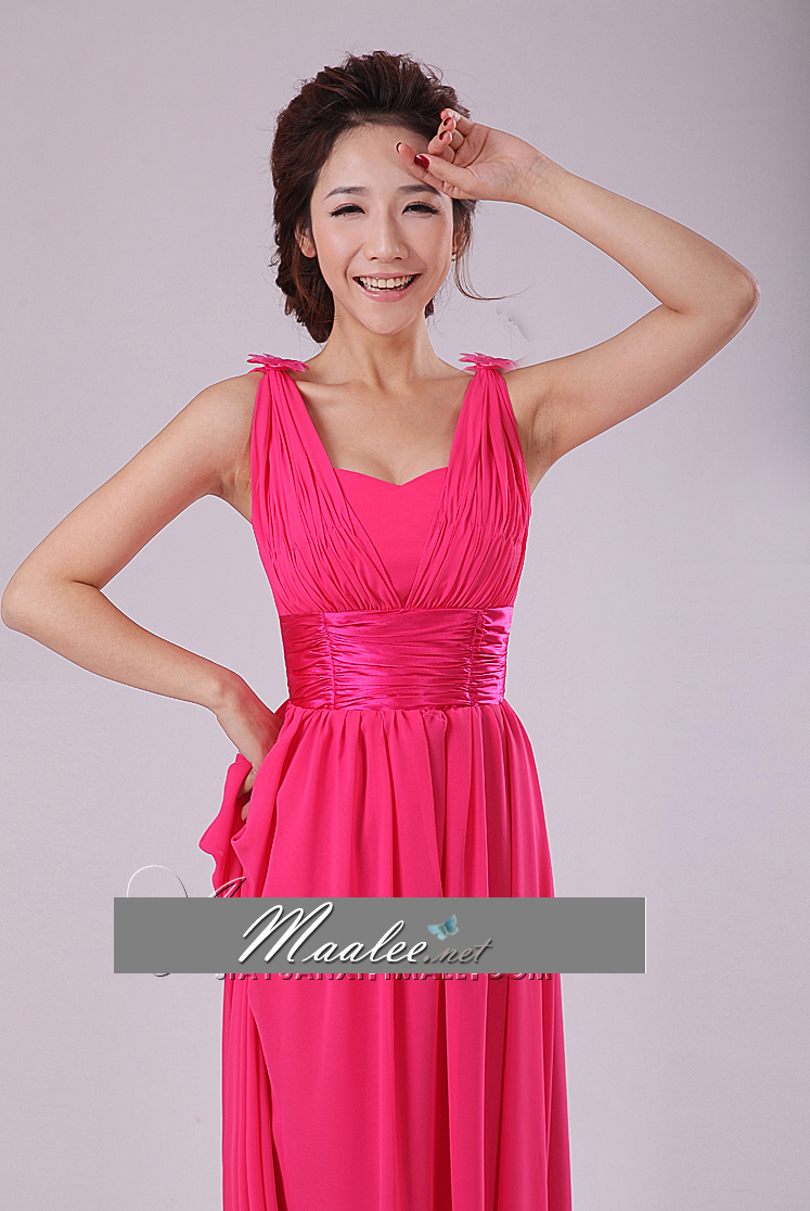 พร้อมส่ง ชุดราตรียาว สไตล์กรีก ผ้าชีฟอง สีชมพู Hot Pink คาดเอวผ้าซาติน เรียบหรู