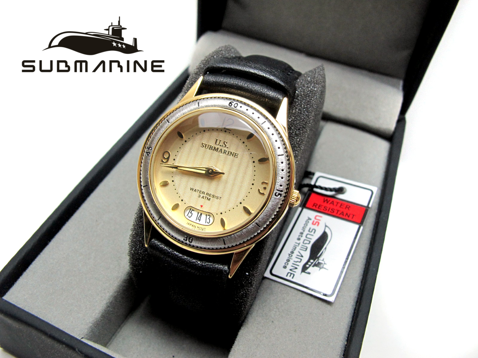 นาฬิกา US submarine รุ่น J093MD สายหนังสีดำหน้าปัดสีทองอ่อน หนังนุ่มมากๆ Japan Movement ของแท้ 100%