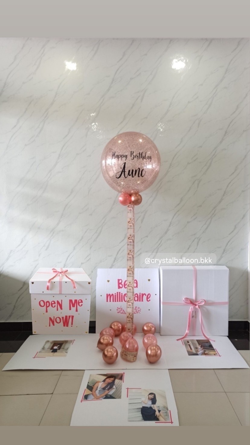 Happy Birthday Surprise Box กล่องเซอร์ไพรส์วันเกิด Bubble ขนาด 24" กลิตเตอร์สีโรสโกลด์ พร้อมตกแต่ง สามารถใส่รูปได้ 4 ใบ สามารถเปลี่ยนสีลูกโป่ง/เปลี่ยนข้อความได้