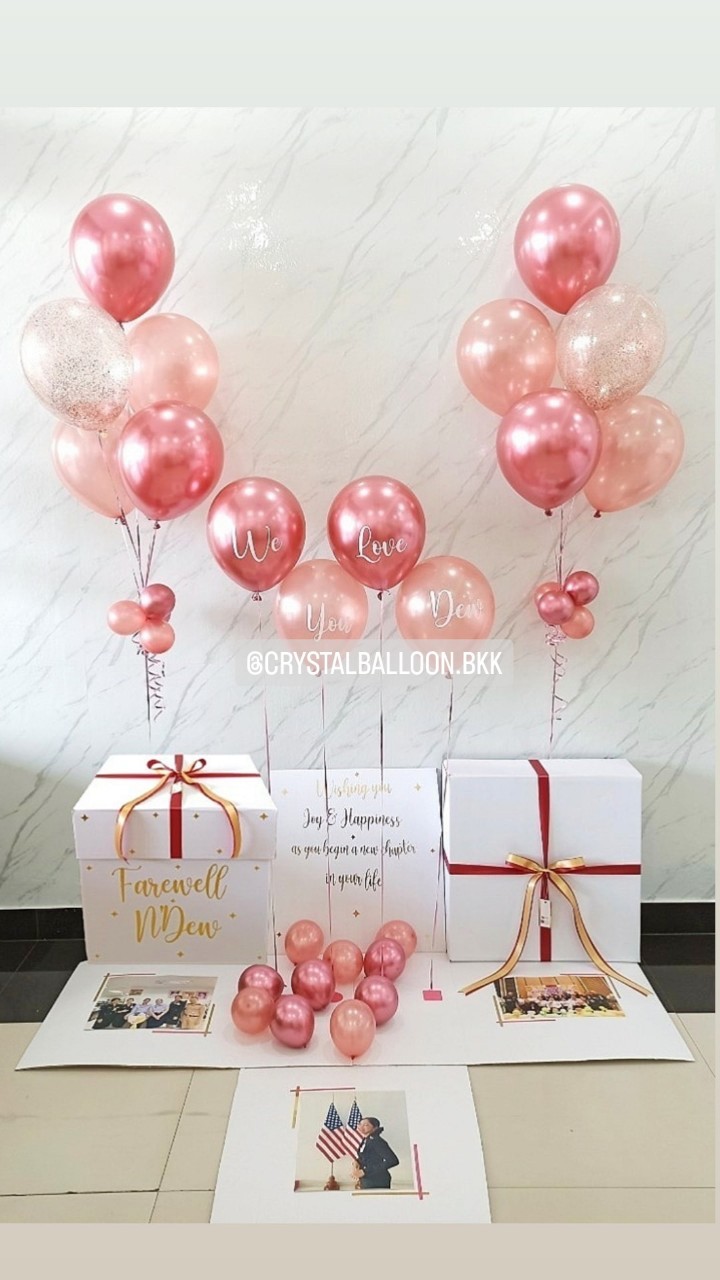 Farewell Surprised Box กล่องเซอร์ไพรส์อำลา ลูกโป่ง 4 ลูก พร้อม ช่อลูกโป่ง ช่อ 5 ลูก 2 ช่อ พร้อมตกแต่ง สามารถใส่รูปได้ 3 ใบ สามารถเปลี่ยนสีลูกโป่ง/เปลี่ยนข้อความได้
