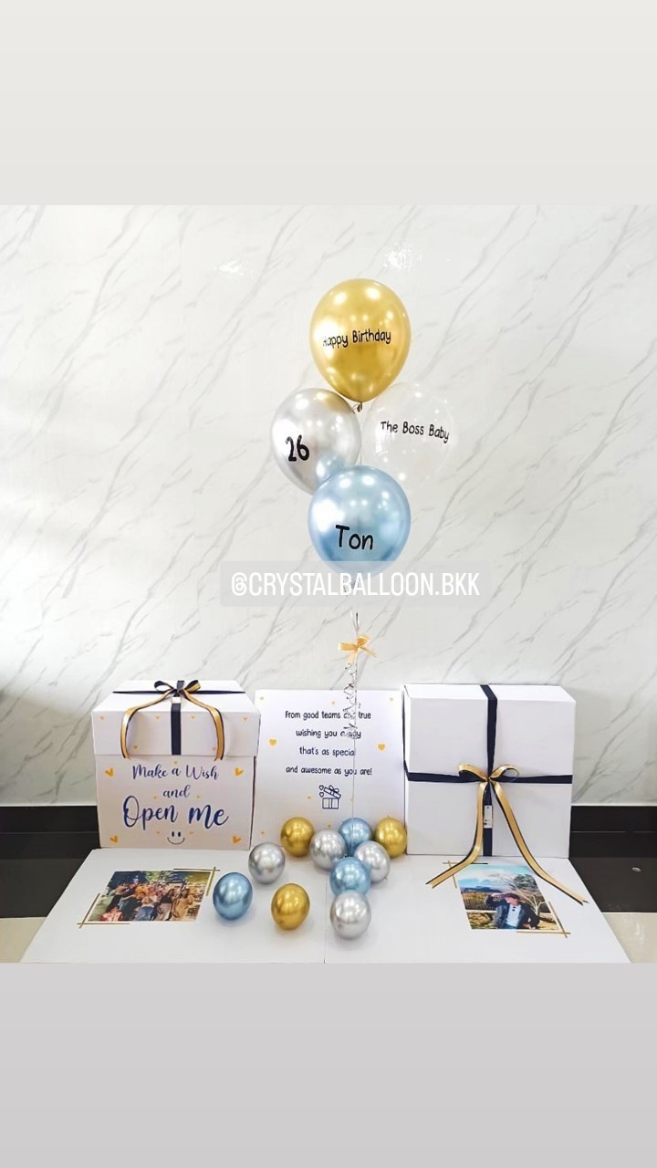 Happy Birthday Surprised Box กล่องเซอร์ไพรส์วันเกิด ลูกโป่ง 4 ลูก พร้อมตกแต่ง สามารถใส่รูปได้ 2 ใบ สามารถเปลี่ยนสีลูกโป่ง/เปลี่ยนข้อความได้