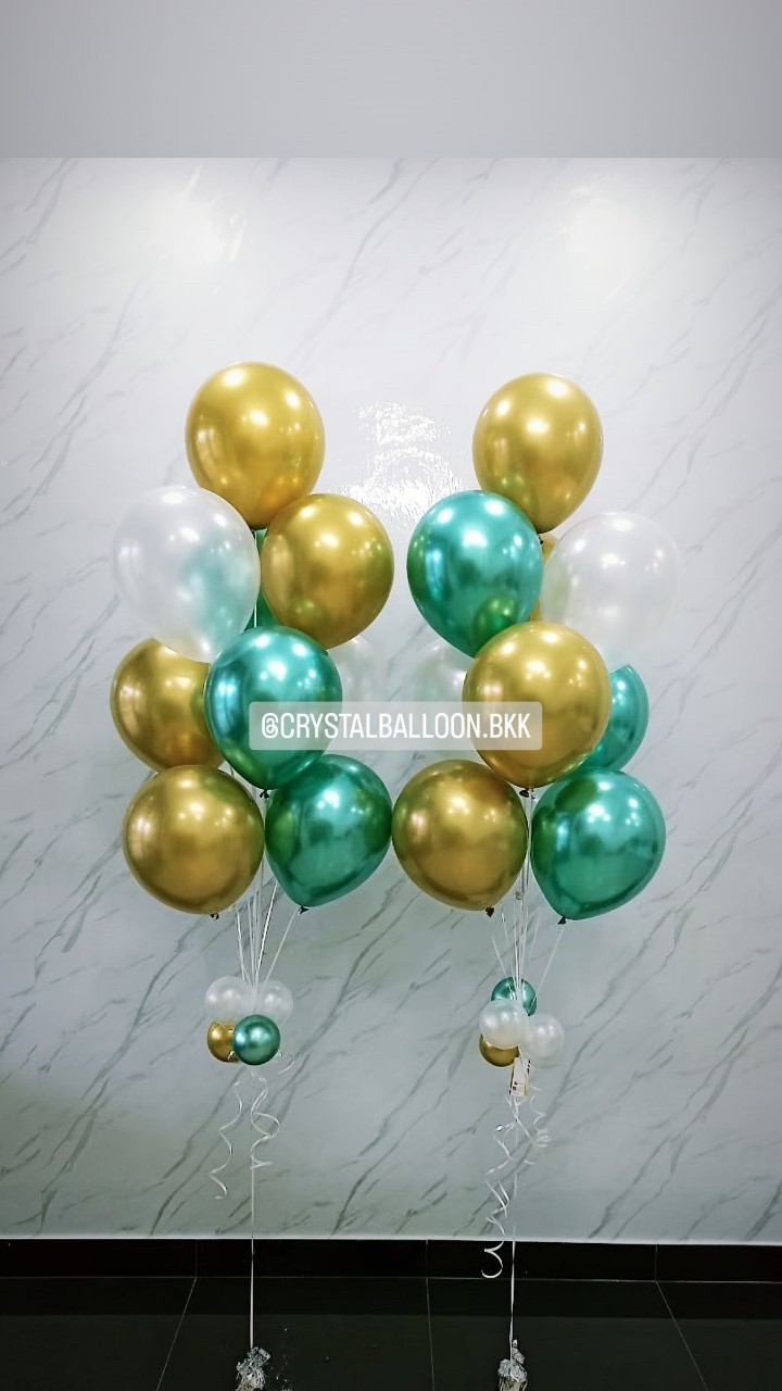 ลูกโป่ง เปิดงาน ช่อลูกโป่งโครเมี่ยม ช่อ 10 ลูก 2 ช่อ Theme เขียว-ทอง พร้อมตกแต่ง สามารถเปลี่ยนสีลูกโป่งได้