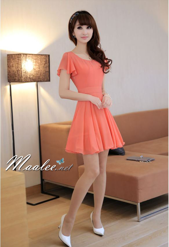 พร้อมส่ง ชุดออกงาน ชุดเดรสชีฟอง Slim Design สีแสด (เหลือเฉพาะไซส์ L,XL,XXL)