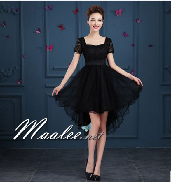 พร้อมเช่า ชุดราตรี สีดำ ลูกไม้ฉลุ กระโปรงหน้าสั้นหลังยาว 2XL- 6XL (เชือกผูกหลัง)