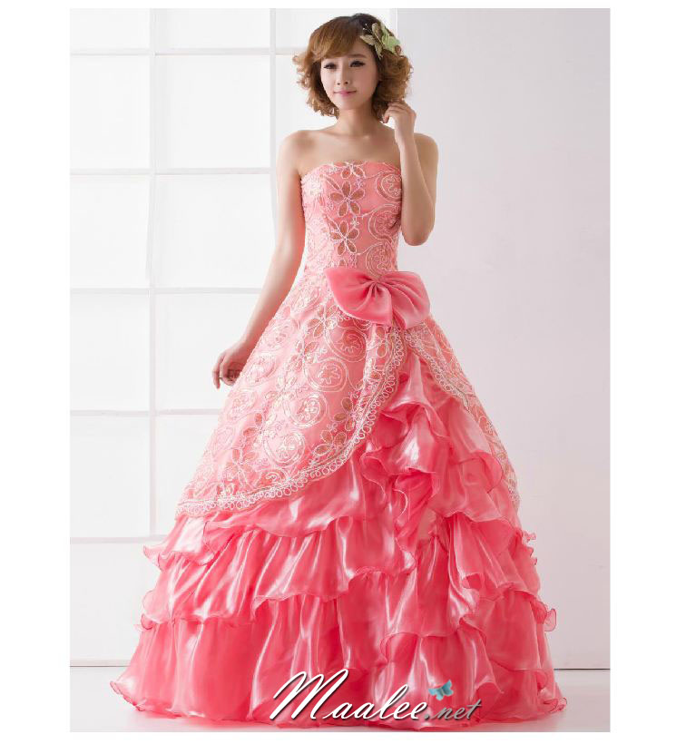 พร้อมเช่า ชุดแฟนซี ชุดราตรียาว เกาะอก สีโอโรส ผ้าแก้วพิมพ์ลายสวย กระโปรงแต่งระบาย