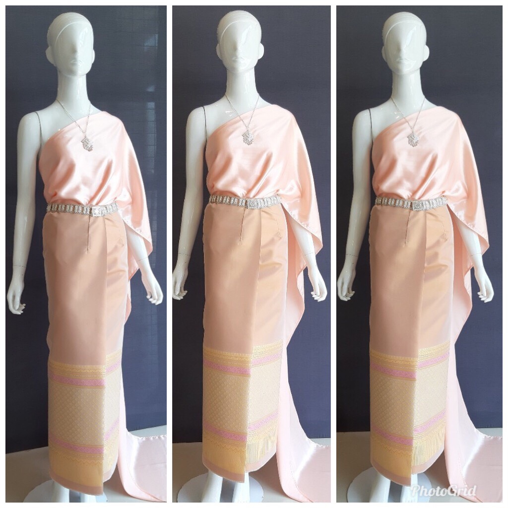 เช่า ชุดไทย ชุดเพื่อนเจ้าสาว ชุดไทยผ้าซิ่นสีส้มอ่อน สไบเรียบสีโอรส