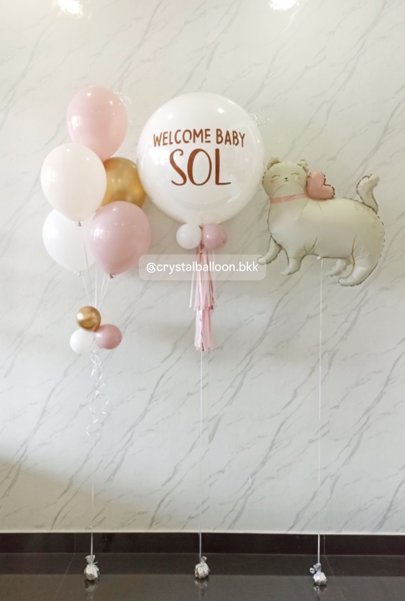 ลูกโป่ง Welcome Baby ลูกโป่งยาง ขนาด 24" สีขาว 1 ลูก พร้อม ช่อลูกโป่งสีโครเมี่ยม ช่อ 5 ลูก 1 ช่อ พร้อม ฟอยล์แมว 1 ชิ้น พร้อมตกแต่ง สามารถเปลี่ยนสีลูกโป่ง/เปลี่ยนข้อความ/เปลี่ยนขนาดได้