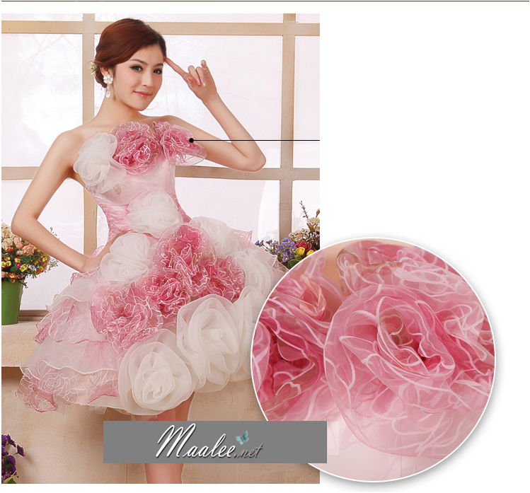 พร้อมเช่า ชุดแฟนซี เช่า 500 ชุดราตรีสั้น เกาะอก สีกุหลาบแต่งดอกไม้สามมิติ พองฟูน่ารักมาก