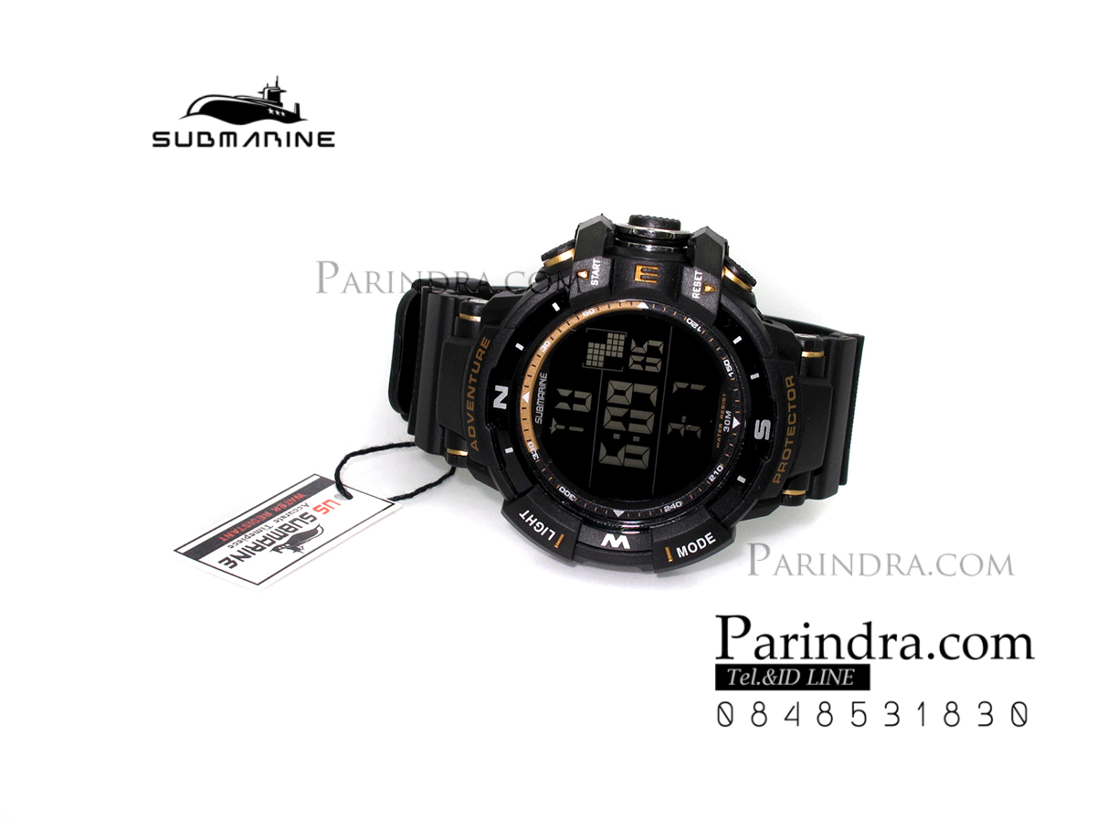 นาฬิกา US submarine TP1338M สีดำ-ทอง พื้นหลังดำ กรอบเข็มทิศระบบDigital