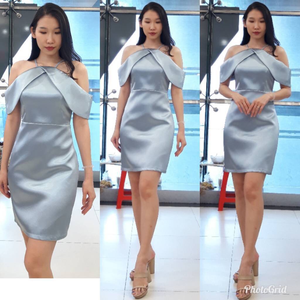 พร้อมเช่า ราตรีสั้น ชุดเดรส ดัชเชส ทรงเข้ารูป สายเดี่ยวปาดไหล่ สีฟ้า