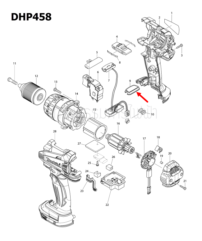 SWITCH PLATE COMPLETE สว่านเจาะกระแทกไร้สาย Makita มากีต้า DTD146 [#45], DHP458 [#9] Pn.140963-9 (แท้) ##