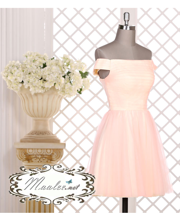 พร้อมส่ง ชุดราตรีสั้น แบบปาดไหล่ สีส้ม โอโรส ผ้าโปร่ง อกจับจีบตีเกล็ด แบบเรียบหรู (เชือกผูกหลัง)