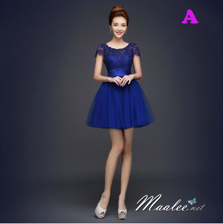 พร้อมเช่า ชุดราตรีสั้น เพื่อนเจ้าสาว แบบ A แขนสั้น ลูกไม้ ผ้าคาดเอวซาติน (ซิปหลัง)