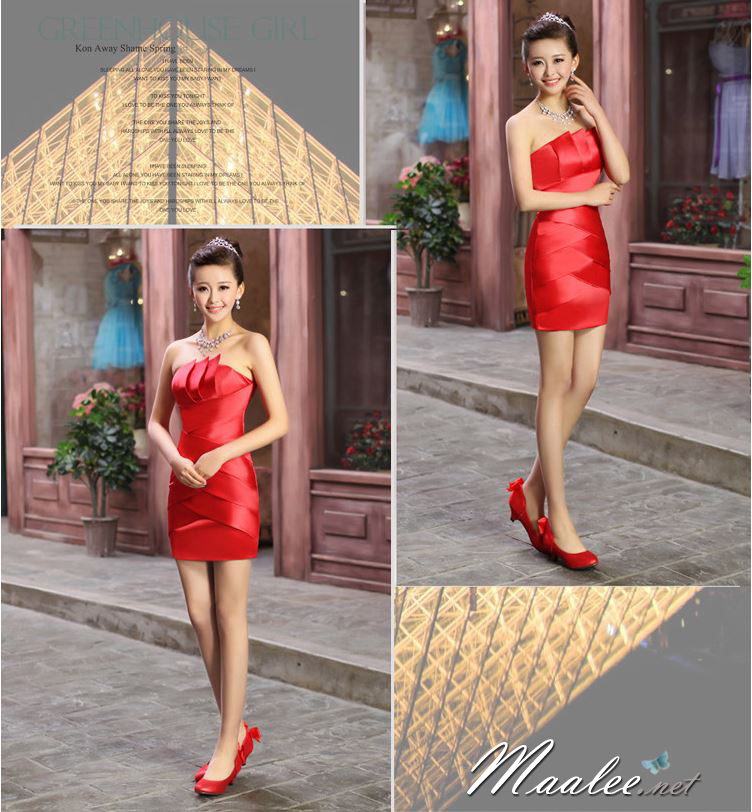 พร้อมเช่า ชุดราตรีสั้น เกาะอก เรียบหรู จับจีบเข้ารูป สีแดง