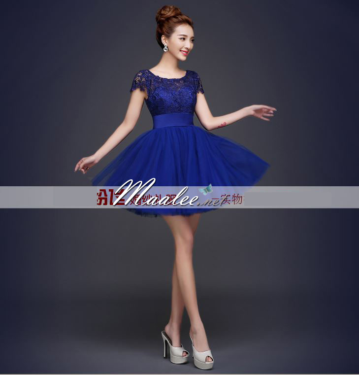 พร้อมเช่า ชุดราตรีสั้น เพื่อนเจ้าสาว แบบ A แขนสั้น ลูกไม้ ผ้าคาดเอวซาติน (ซิปหลัง)