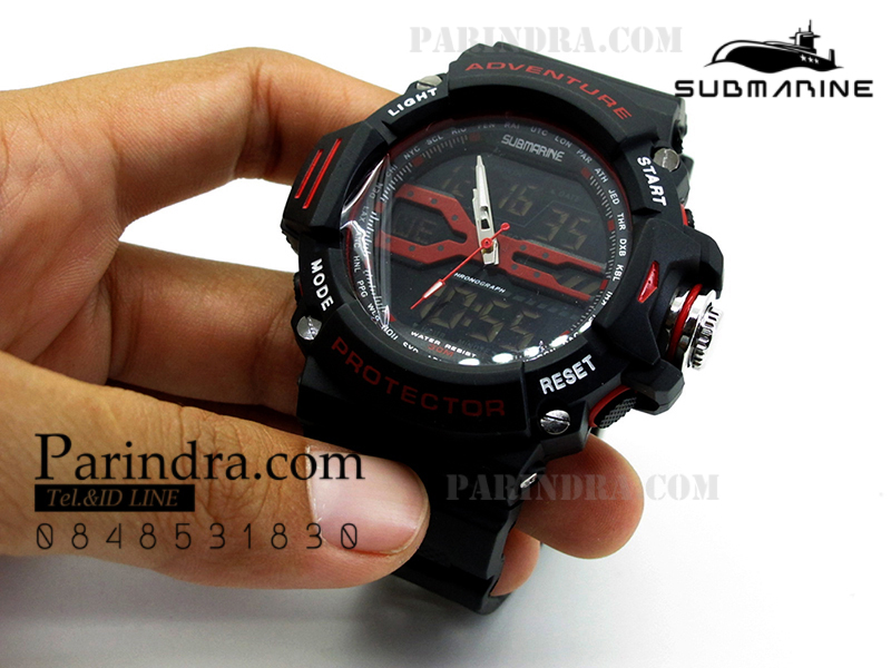 นาฬิกา US submarine รุ่น TP3164M สีดำตัดแดง พื้นหลังดำ