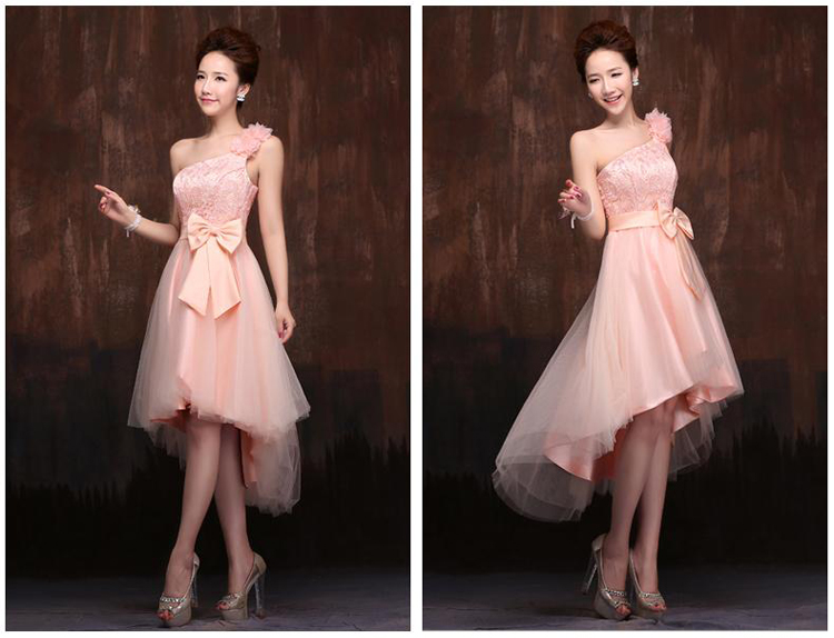 พร้อมเช่า ชุดราตรีสั้น สีโอโรส ไหล่เฉียง แต่งลูกไม้ กระโปรงหน้าสั้นหลังยาว ชุดเพื่อนเจ้าสาว Pink-004C