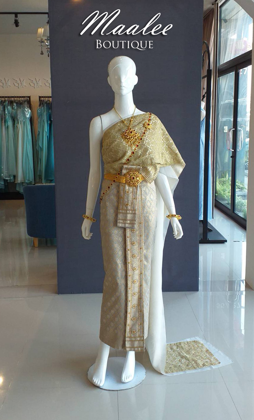 พร้อมเช่า ชุดแต่งงานไทยประยุกต์ ชุดหมั้นไทย สีเทาทอง เสื้อสูทไทย สีทอง